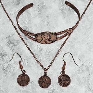📣 Copper Penny Lincoln Mini 1964 Necklace & Dangle ER & Cuff REAL Penny 1968 🎁
